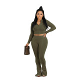 Sexy Solid Zipper Long Sleeve Crop Top Slim Pants Two Piece Club Suit