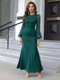 Autumn Fashion Contrast Color Mesh Lantern Sleeve Mermaid Party Dress