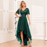Elastic waist Mesh Patchwork elegant v-neck ruffled short-sleeved evening dress