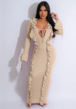 Ruffled V-Neck Lace-Up Slim Fit Long Dress