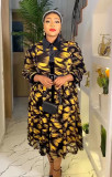 Plus Size African Chiffon Print Women's Turndown Collar A-Line Dress With Belt