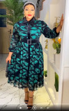 Plus Size African Chiffon Print Women's Turndown Collar A-Line Dress With Belt