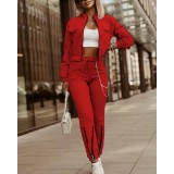 Women's Zipper Long-Sleeved Top Drawstring Pants Casual Two-Piece Suit