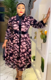 Plus Size African Chiffon Print Women's Turndown Collar A-Line Dress With Belt