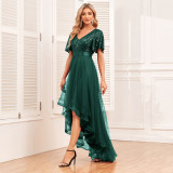 Elastic waist Mesh Patchwork elegant v-neck ruffled short-sleeved evening dress