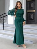 Autumn Fashion Contrast Color Mesh Lantern Sleeve Mermaid Party Dress