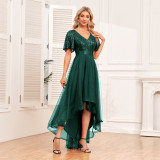 Elastic waist Mesh Patchwork elegant v-neck ruffled short-sleeved evening dress