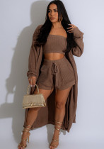 Women's Casual Fashionable Autumn And Winter Knitting Cardigan Strapless Top Shorts Three-Piece Set Women's Casual Fashionable Autumn And Winter Knitting Cardigan Strapless Top Shorts Three-Piece Set