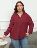 Women's Tops Plus Size Women's Turndown Collar Knitting Shirt Ribbed Basic Casual T-Shirt