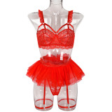 Sexy Solid Lace Bra Puff Mesh Skirt Patchowrk Lingerie Set
