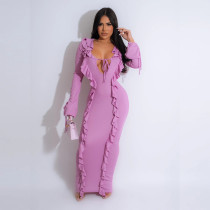 Ruffled V-Neck Lace-Up Slim Fit Long Dress Ruffled V-Neck Lace-Up Slim Fit Long Dress