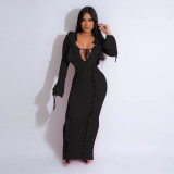 Ruffled V-Neck Lace-Up Slim Fit Long Dress