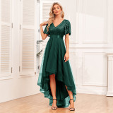 Elastic waist Mesh Patchwork elegant v-neck ruffled short-sleeved evening dress