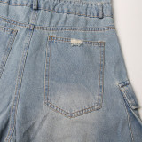 Women Street Style Strapless Pockets Denim Cargo Jumpsuit