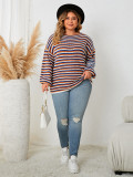 Plus Size Women Striped Loose Round Neck Top