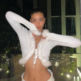 Women Furry Ribbed Cardigan v-neck knitting Crop Top