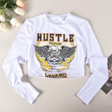 Women Fall Round Neck Letter Long Sleeve Crop T-Shirt