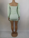 Women Sexy Drawstring Pleated Bodycon Long Sleeve Dress