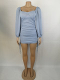 Women Sexy Drawstring Pleated Bodycon Long Sleeve Dress