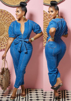 Women Washed Blue Chic Denim Jumpsuit Women Washed Blue Chic Denim Jumpsuit