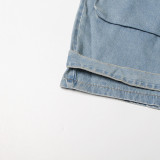 Women Street Style Strapless Pockets Denim Cargo Jumpsuit