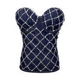 Women Diamond Beaded Denim Vintage Zip Vest Lace-up Shaping Corset Top