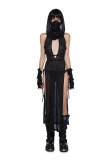 Women Summer Solid Sleeveless See-Through Sexy Hollow Backless Slit Maxi Dress
