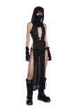 Women Summer Solid Sleeveless See-Through Sexy Hollow Backless Slit Maxi Dress