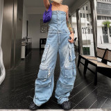 Women Street Style Strapless Pockets Denim Cargo Jumpsuit