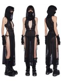 Women Summer Solid Sleeveless See-Through Sexy Hollow Backless Slit Maxi Dress