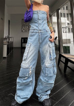 Women Street Style Strapless Pockets Denim Cargo Jumpsuit Women Street Style Strapless Pockets Denim Cargo Jumpsuit