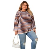 Plus Size Women Striped Loose Round Neck Top