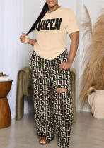 Women Summer Printed Short Sleeve Top and Casual Ripped Pants Two-piece Set Women Summer Printed Short Sleeve Top and Casual Ripped Pants Two-piece Set