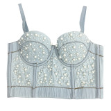 Women Camisole Pearl Fitted Sexy Denim Bra Vest Shaping Corset Top