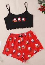 Women Santa Print Vest Suspender Top Shorts Home Wear Two-piece Set Women Santa Print Vest Suspender Top Shorts Home Wear Two-piece Set