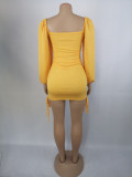 Women Sexy Drawstring Pleated Bodycon Long Sleeve Dress
