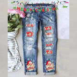 Christmas Women Printed Ripped Denim Pants