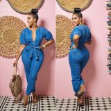 Women Washed Blue Chic Denim Jumpsuit