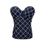 Women Diamond Beaded Denim Vintage Zip Vest Lace-up Shaping Corset Top