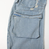 Women Street Style Strapless Pockets Denim Cargo Jumpsuit