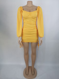 Women Sexy Drawstring Pleated Bodycon Long Sleeve Dress