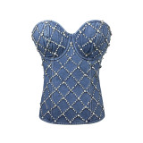 Women Diamond Beaded Denim Vintage Zip Vest Lace-up Shaping Corset Top