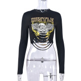 Women Fall Round Neck Letter Long Sleeve Crop T-Shirt