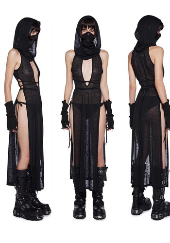 Women Summer Solid Sleeveless See-Through Sexy Hollow Backless Slit Maxi Dress