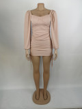 Women Sexy Drawstring Pleated Bodycon Long Sleeve Dress