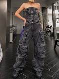 Women Street Style Strapless Pockets Denim Cargo Jumpsuit