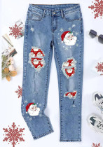 Christmas Women Printed Ripped Denim Pants Christmas Women Printed Ripped Denim Pants