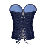 Women Diamond Beaded Denim Vintage Zip Vest Lace-up Shaping Corset Top