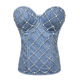 Women Diamond Beaded Denim Vintage Zip Vest Lace-up Shaping Corset Top