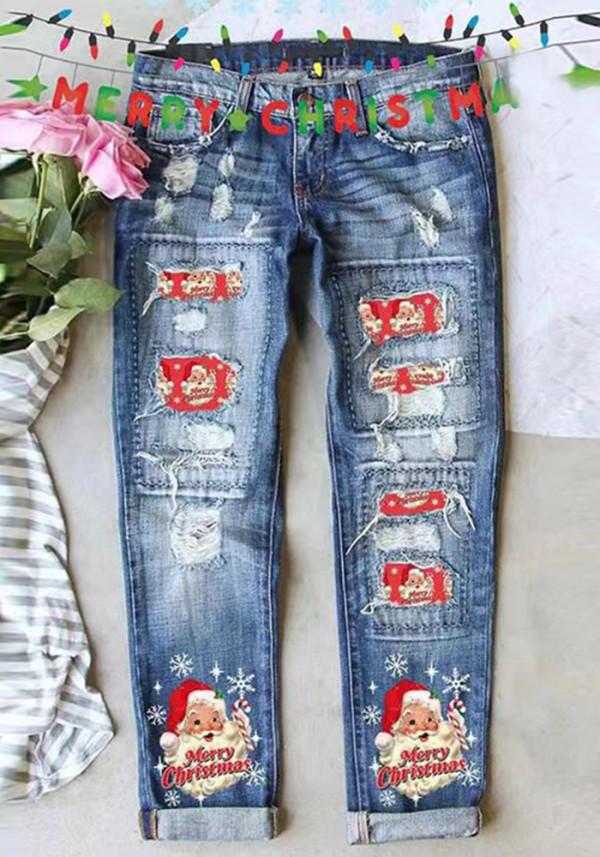 Christmas Women Printed Ripped Denim Pants